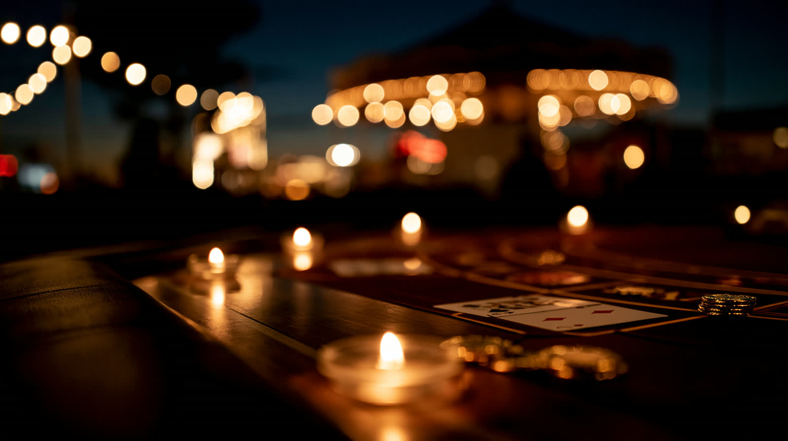 A live casino studio table with cards and warm lighting
