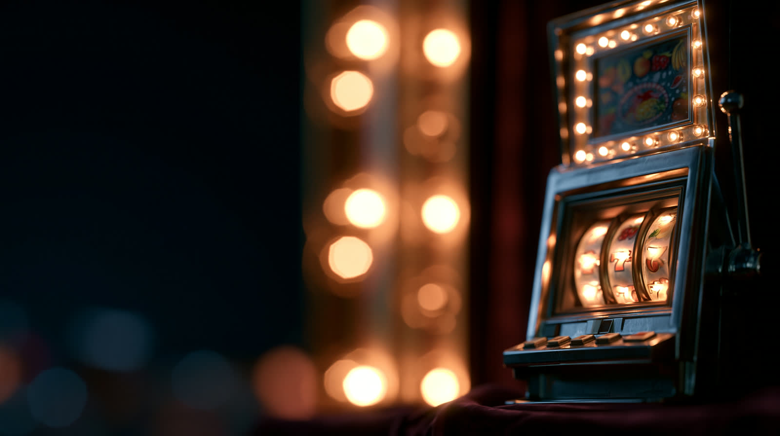 Glowing slot machine reels in warm carnival light